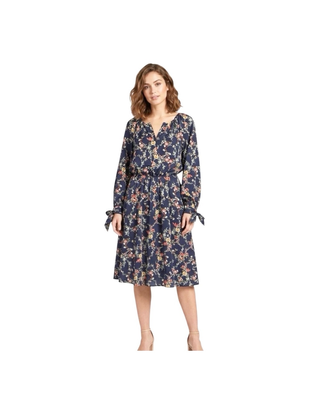 Gal Meet Glam  Multicolor “Bonnie” Midi Dress Long Sleeves Tie Cuffs Lined L
